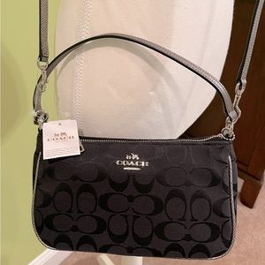 NWT COACH Black Metallic Boxed 12CM Signature Canvas Top Handle Crossbody Bag